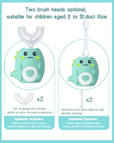 Kids Electric U Shaped Toothbrush, Sonic Automatic Toothbrush Kids with 4 Brush Heads, 3 Cleaning Modes, Cartoon Dinosaur IPX7 Waterproof 360º Round Toddler Electric Toothbrush(Green, Ages 2-12) — view 5