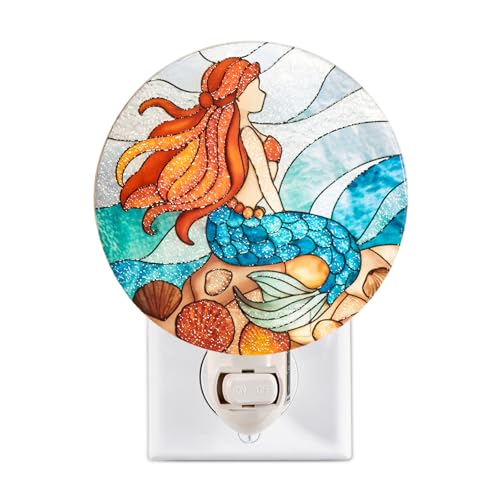 Image of Coastal Night Light Little Mermaid Plug in Wall Girls Room Bathroom Ocean Theme Made with Real Glass, Bulb Included, Manual On & Off