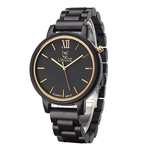 UWOOD Relojes Madera Hombre Cuarzo Suizo con Correa de Madera ?Negro Sándalo?