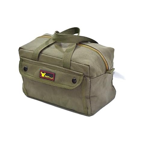 G & F Products Government Issued Style Mechanics Heavy Duty Tool Bag with Brass zipper and side pockets, tool bag for cars, drill, garden, and electrician. Olive Green , 11" x 7" x 6" Cover