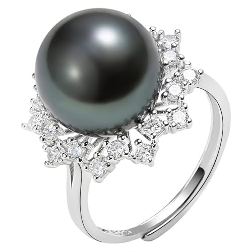 ANAZOZ Bague Mariage Femme Argent 925, Perle Noire de Tahiti 12-13 mm Somptueuse