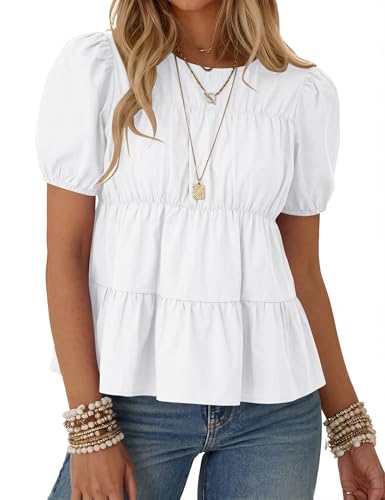 Rapbin Womens Puff Sleeve Babydoll Tops Tredny Women Tops Casual Summer Cute 100% Cotton Shirts White Peplum Tops (White L)