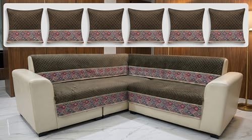 Image of Luxury Sofa Cover L Shape 6 Seater with Matching Cushion Cover 16x16 inch - Coffee Brown Diamond 3+3 Seater (6 Seater) Quilted Sofa Cover Set Pack of 11, Washable, Coffee Brown