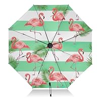 GAIREG White Mint Stripes Flamingos Umbrella, Lightweight Portable Automatic Open/close Umbrella for Women, Travel Umbrellas for Rain, Wind and Sun