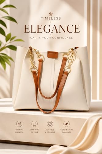 Image of GALAXY FASHION POINT Luxury Women's Handbag Tote - Premium PU Leather Shoulder Bag with Chain Strap, Spacious Stylish Office & Casual Use Purse (Beige & Brown)