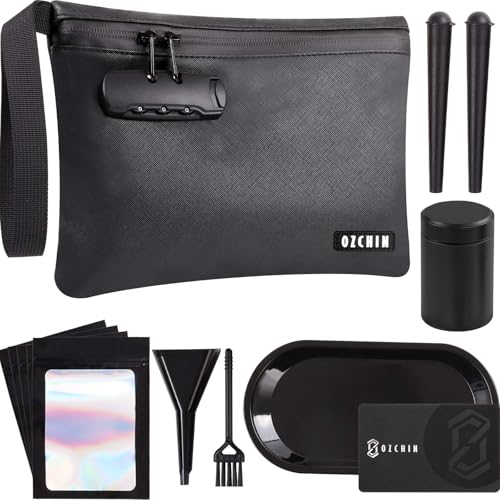OZCHIN Smell Proof Bag with Combination Lock Certificate Organiser 10'' X 7'' Great Gift Sets Ideal Set PU Leather Lockable Travel Storage for Men Women, Classic, Daily Bag (Black Kit)