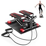 LEADZM Mini Stepper Mit Silent-Pad für Zuhause, 2 in 1 Fitness Stepper mit Gummiband, LCD Display, Timer, Kalorienzähler, Up-Down-Stepper für Bein/Arm Trainer, Schwarz und Rot