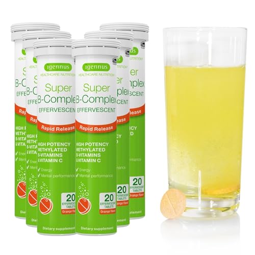 Igennus Super B-Complex Liquid B-Vitamin Effervescent Drink, Methylated, Fast Action Energy Supplement, Caffeine-Free, Sugar-Free, Orange Flavor, Vegan, 120 Effervescent Tablets
