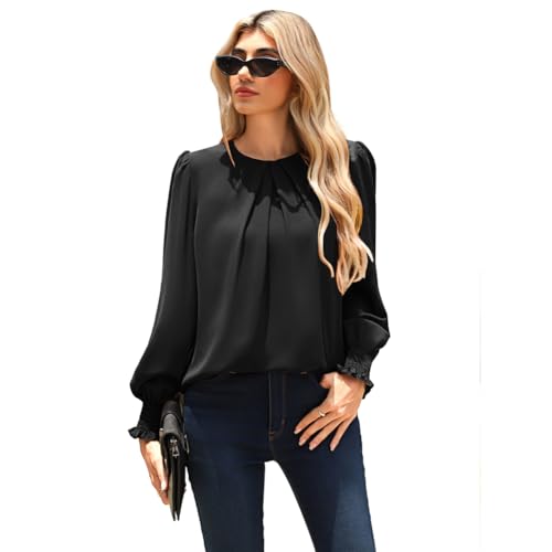 Kate Kasin Bluse Damen Elegant Langarm Rundhals Plissee Tops Chiffon Laternenärmel Festliche Blusen Shirt Hemden Schwarz XL