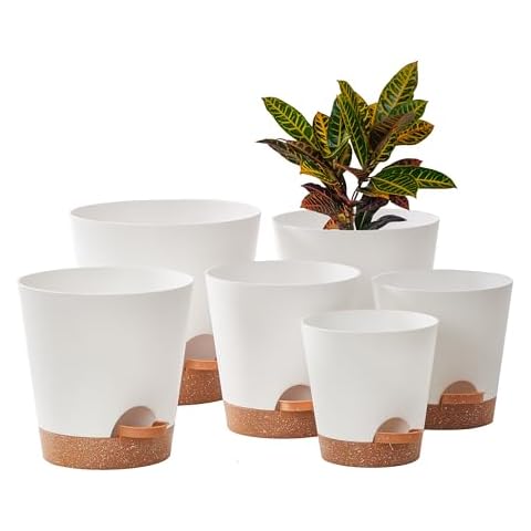 FaithLand 6-Pack White Self Watering Planter Pots for Indoor Outdoor Plants - 8, 7, 6.5, 6, 5.5, 5 Inches Flower Pots Cover