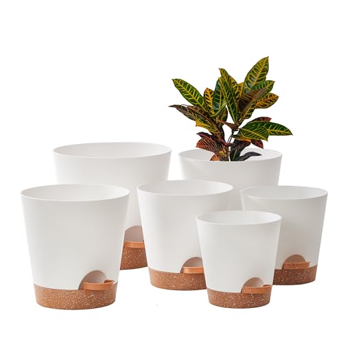 FaithLand 6-Pack White Self Watering Planter Pots for Indoor Outdoor Plants - 8, 7, 6.5, 6, 5.5, 5 Inches Flower Pots