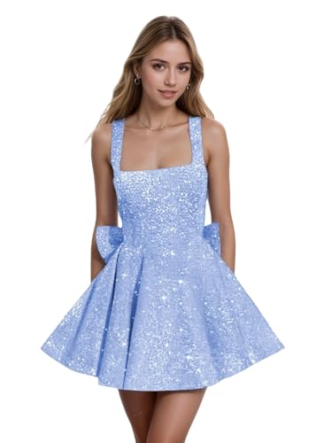 Short Sequin Homecoming Dresses with Bow Square Neck A Line Cocktail Party Dress for Teens
