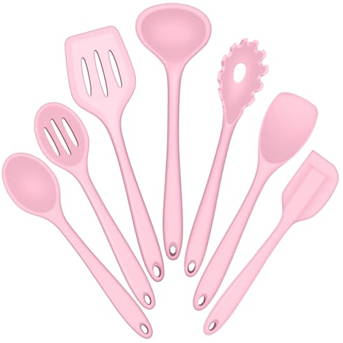 E-far Silicone Cooking Utensils Set, 7-Piece Pink Heat Resistant Kitchen Utensils Set, Kitchen Nonstick Tools Spatula Ladle Spoon Pasta Server for Non-stick Cookware, Non-Toxic & Dishwasher safe