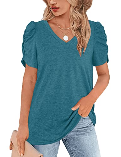 Mavis LAVEN Top de verano para mujer, cuello en V, plisado, manga abombada, camisetas, elegantes, informales, de manga corta, verde oliva, L