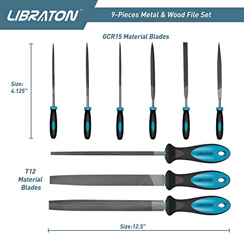 Libraton Juego de limas y escofinas 9pcs, Juego de limas multiusos en acero con alto contenido de carbono incluye lima plana,semirredondas,redondas y 6 Pcs limas de agujas,para metal,madera