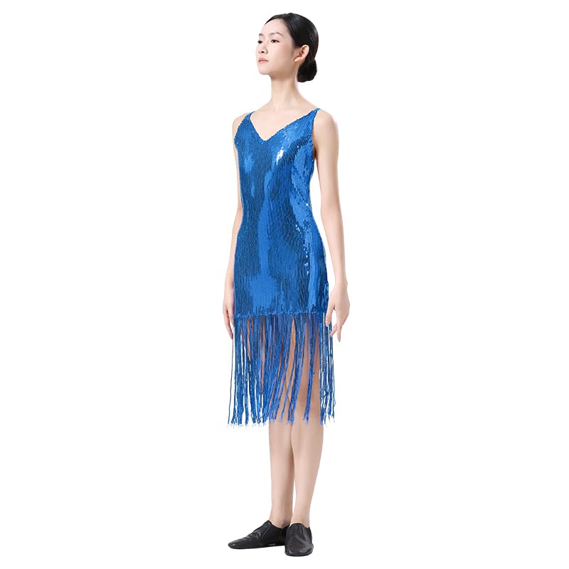 Enchanta Lesla Dance Dress. Long Womens Jazz Dresses with Sequin Fringe and Halter. Party Dance Costume Wear Blue