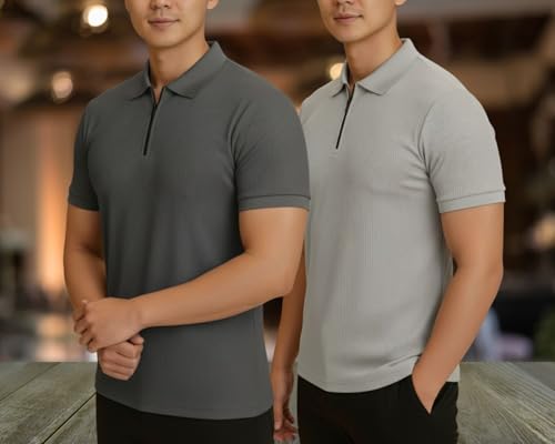 Image of MACK JONNEY Men's Cotton Self Design Polo T-Shirts | Front Half Zipper | Pack of 2 | Multicolour
