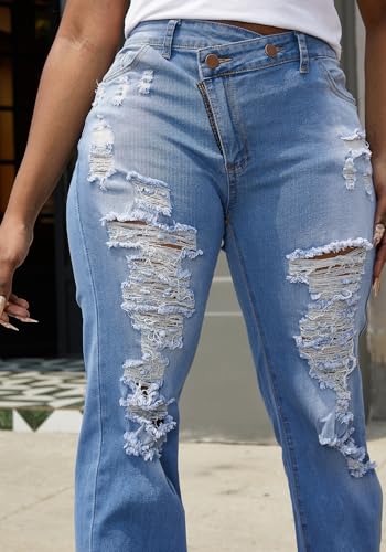 Tbahhir Ripped Jean for Women, High Waisted Jeans Distressed Straight Leg Denim Pants with Raw Hem Frayed Stretch4