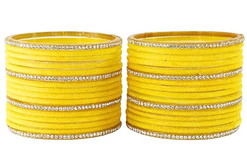 Image of NMII Fancy Glass Golden Zircon Diamond Stone & Velvet Finish Plain Bangles Set For Women & Girls | Glass Velvet Bangles | Kanch ki Chudiyan | Girl's Bangles Bracelet | Fashion Jewellery- Set of 32
