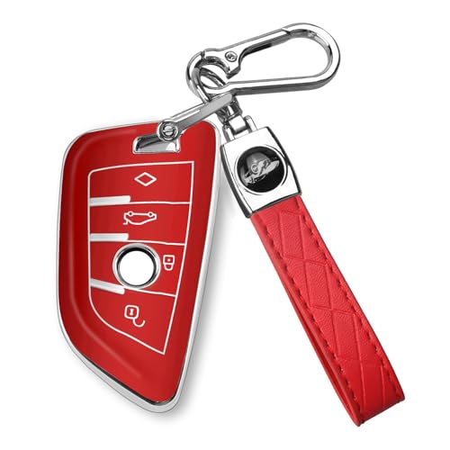 Image of QBUC for BMW Key Fob Cover with Leather Keychain | for BMW 2 5 6 7 Series X1 X2 X3 X5 X6 X7 Premium Soft TPU Key Fob Holder (1-Red)