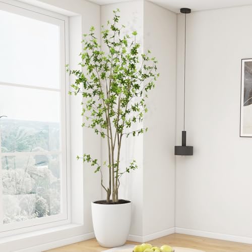 Image of Artificial Enkianthus Tree 6.5ft Tall Fake Plant with Lifelike Leaves and Trunk - Large Indoor Floor Plant in White Pot for Living Room, Bedroom, Office Decor