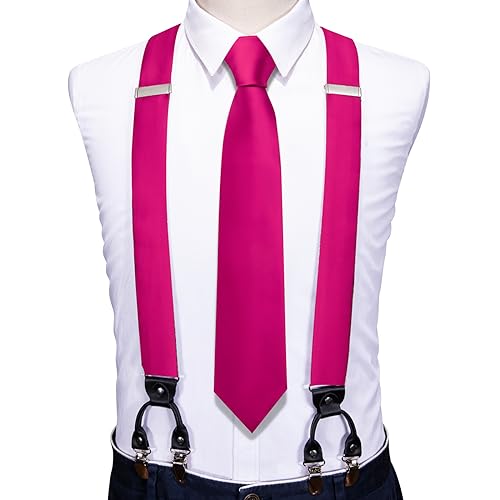 Image of Barry.Wang Men Suspender Set with Necktie Elastic Y Type Heavy Duty 6 Clips Braces Tie Handkerchief Cufflink Pin 6PCS