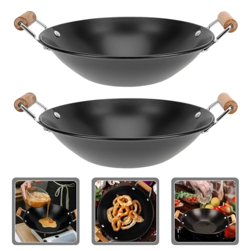 Cabilock 2pcs pequeño wok de acero inoxidable con mango doble de madera miniatura 2
