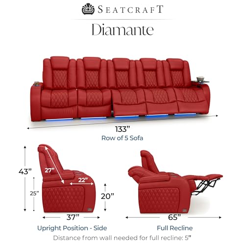 Image of Seatcraft Diamante Red Italian Leather Home Theater Seating, Zero Gravity Power Recliner Gaming and Home Office Chair, Powered Headrest Lounge Sofa Furniture for Cinema Room, Row of 5 Sofa