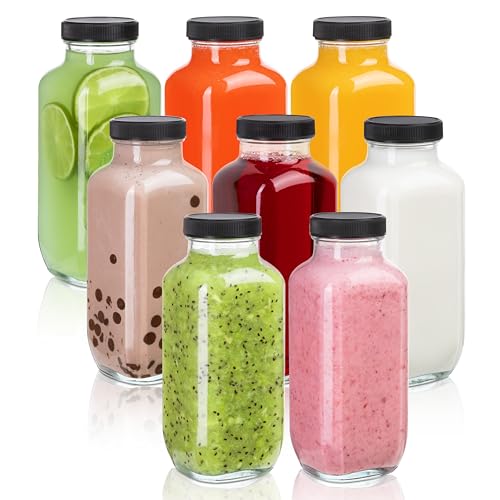 Juice Bottles with Lids, 16 Oz - Set of 8 - Clear Glass Jars with Caps - Reusable Empty Drink Containers for Juicing, Smoothies, Water, Milk, Kombucha Storage, Wellness Shots and More (8)