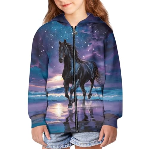 Ozuxouey Black Horse Zip Up Sweatshirt Girls Hoodies 11-13 Purple Zipper Jacket Galaxy Space Long Sleeve Hooded Sweatshirts Fashion Fall Hoodie for Kids Boy Casual Thin Outfits