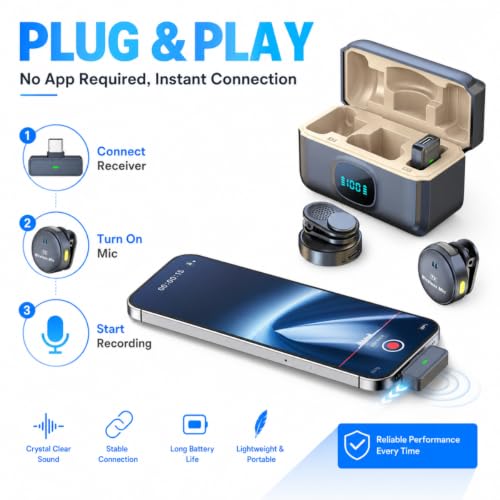 Image of Q8 Wireless Lavalier Microphone with Digital Power Display, One Receiver Two Transmitters, Noise Reduction Clip-On Mic for Mobile, DSLR Camera, Podcast, YouTube Recording & Content Creators