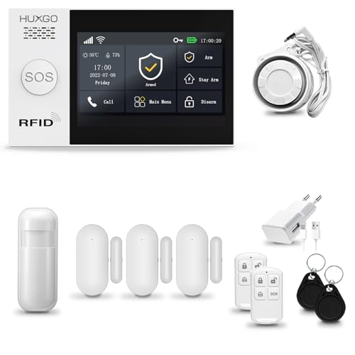HUXGO® HXA007 Funk Alarmanlage Set WiFi + GSM 4G mit Sirene | Alarm System mit Bewegungsmelder, 3X Tür- Fenstersensor, Fernbedienung | Wohnmobil Alarmanlage | Smart Home Security