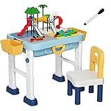 【Großer Stauraum】Im großen Stauraum unter der Tischplatte können alle möglichen Spielzeuge oder Bauklötzchen nach Gebrauch verstaut werden. Die Beine sind abnehmbar, und die Box kann folglich mit ihren zwei Griffen als Koffer verwendet werden. An den Seiten befinden sich zwei weitere Ablagefächer.