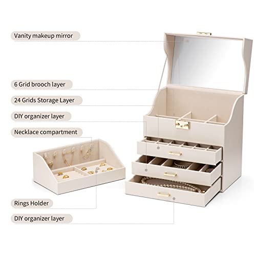 Vlando White Jewelry Box Leather Jewelry Organizer 3 Layer Glass Jewelry Boxes With 2 Drawers Large Jewelry Storage For Mothers Day Gifts Jewelry Box For Teen Girls Earrings Necklaces Rings #TOP2
