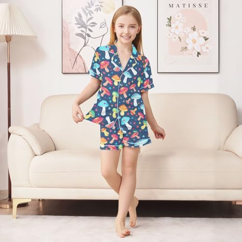 ALAZA Colorful Mushroom Blue Pajamas Satin Pajama Set Short Sleeve Button Down Sleepwear3