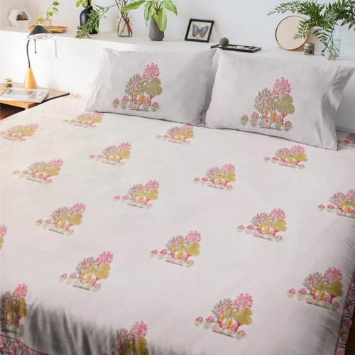 Image of Darakht Premium Hand Block Printed Bedsheet | Bed Spread Flatsheet Bed Sheet | Pure Cotton | Double Bed Queen Size 90 inchx108 inch | 300 TC Long Staple Cotton | 2 Pillow Covers | Tree Print