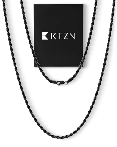 RTZN® Mens Black Chain Necklace – 3/3.5/5mm Rope Chains & Black Cuban Link Chain for Men & Women – Premium Non-Tarnish & Waterproof Mens Stainless Steel Necklace – 18/20/22/24/26