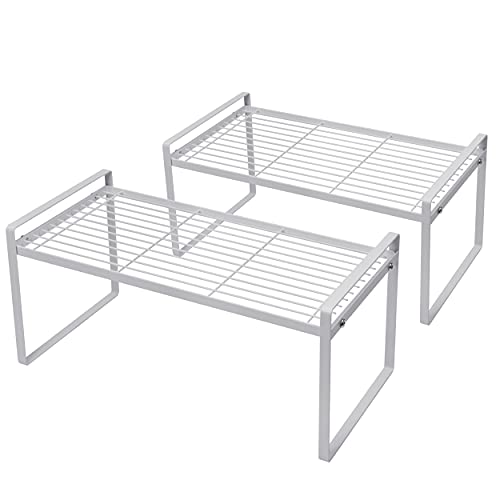Shantton 2Pack Cabinet Shelf Organizer Storage Rack Space Saving for Kitchen Counter Pantry Bathroom Cupboard Under Sink Office Table Desk Steel Stackable Rust Resistant Heavy Duty Nonslip 16” White