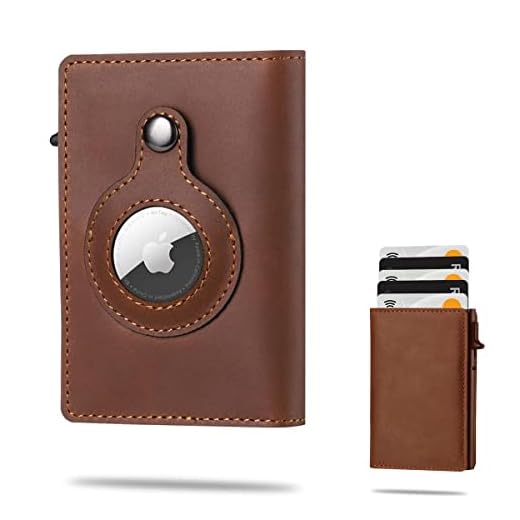 RubRab Genuine Leather Card Holder Wallet with Airtag Slot, Bank Card Holder RFID Wallet Minimalist Card Holder, Anti Lost Automatic Pop Up Aluminum Slim Pocket Bifold Business Card Case (Khaki)