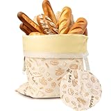 OUZHOU Bolsas de pan reutilizables de cera de abejas, juego de 2 bolsas de pan para mantener frescas, bolsas de pan de algodón con revestimiento de cera de abeja natural con banda elástica y mosquetón