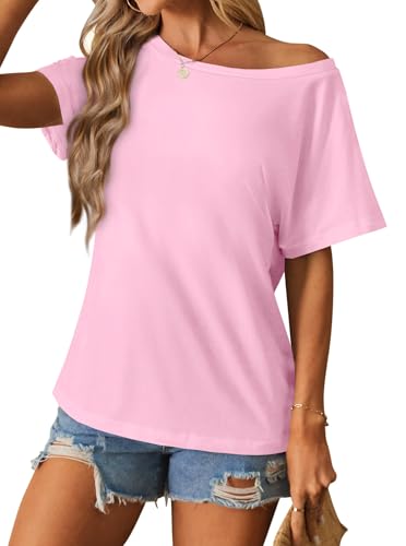 Image of Hilinker Womens Sexy Off The Shoulder Tops Short Batwing Sleeve T Shirt Oversized Casual Tee