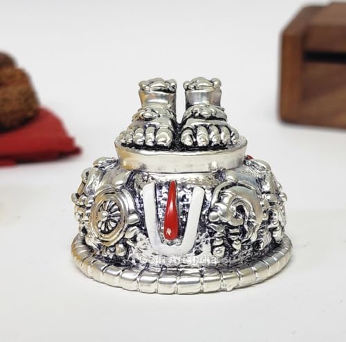 Image of Gold Art India Lord Balaji Charan Paduka Silver Matte Antique Finish Vishnu Charan Paduka for Pooja Room /Car Dashboard Venkateswara Swamy Feet with Shanku Chakra Namam Best Gift (Silver Plated 2 Inch)