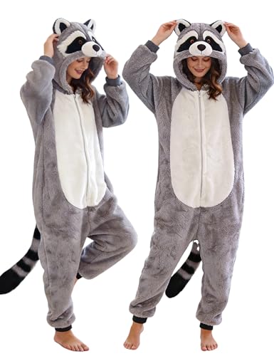 ANPRWZ Raccoon Costume Adult Raccoon Onesie Animal Halloween Cosplay Costume Women Men