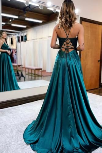SOB Spaghetti Strap Satin Prom Dresses for Women A-Line Laces Appliques Evening Formal Gowns with Slit2