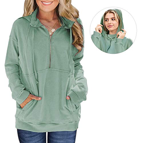 Davenil Womens Hoodies Sweatshirts Casual Long Sleeve Half Zip Pullover Drawstring Loose Ladies Tops With Pockets Green Size M #TOP1