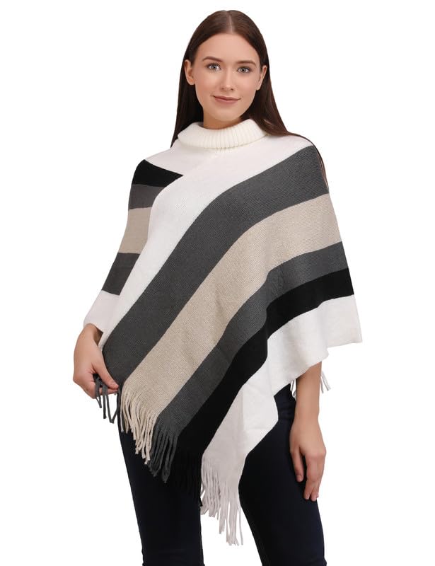 MANRA Women's Casual High Neck Striped Woolen Poncho for Winter (SC 09 HIGH NECK/WHITE/L)-picture-26