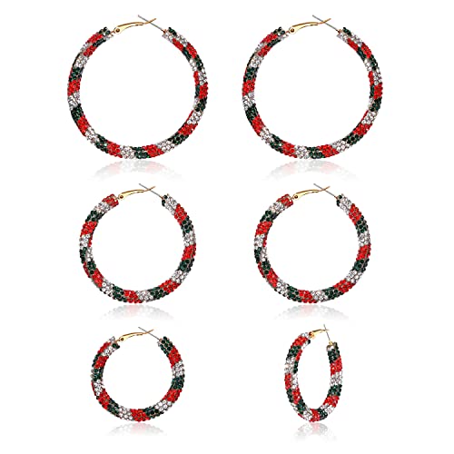 Heidkrueger 3 Pairs Crystal Christmas Hoop Earrings Rhinestone Xmas Earrings Holiday Hoop Earring For Women Festive Gifts  cover