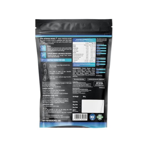 Image of Pure Nutrition Whey Protein Blend (Isolate + Concentrate) 500g, 30 Servings, 24g Protein, 5.5g BCAA per Serving | Supplement Powder for Men & Women for Muscle Recovery & Growth, Chocolate Flavour