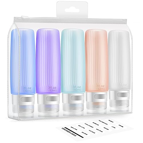 FUNAURORE Travel Bottles for Toiletries, 3 OZ Tsa Approved Travel Size Containers with Labels, Silicone Leak Proof BPA Free Squeezable Travel Essentials for Shampoo, Conditioner,Lotion (5 Pack)