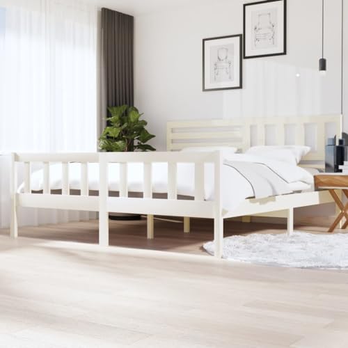 HaoChrymec Estructura de Cama de Madera Maciza, Diseño Blanco con Cabecero y Piecero Decorativos, Cama Matrimonial Ideal para Dormitorio Principal o Adulto, Color Blanco, 200x200 cm